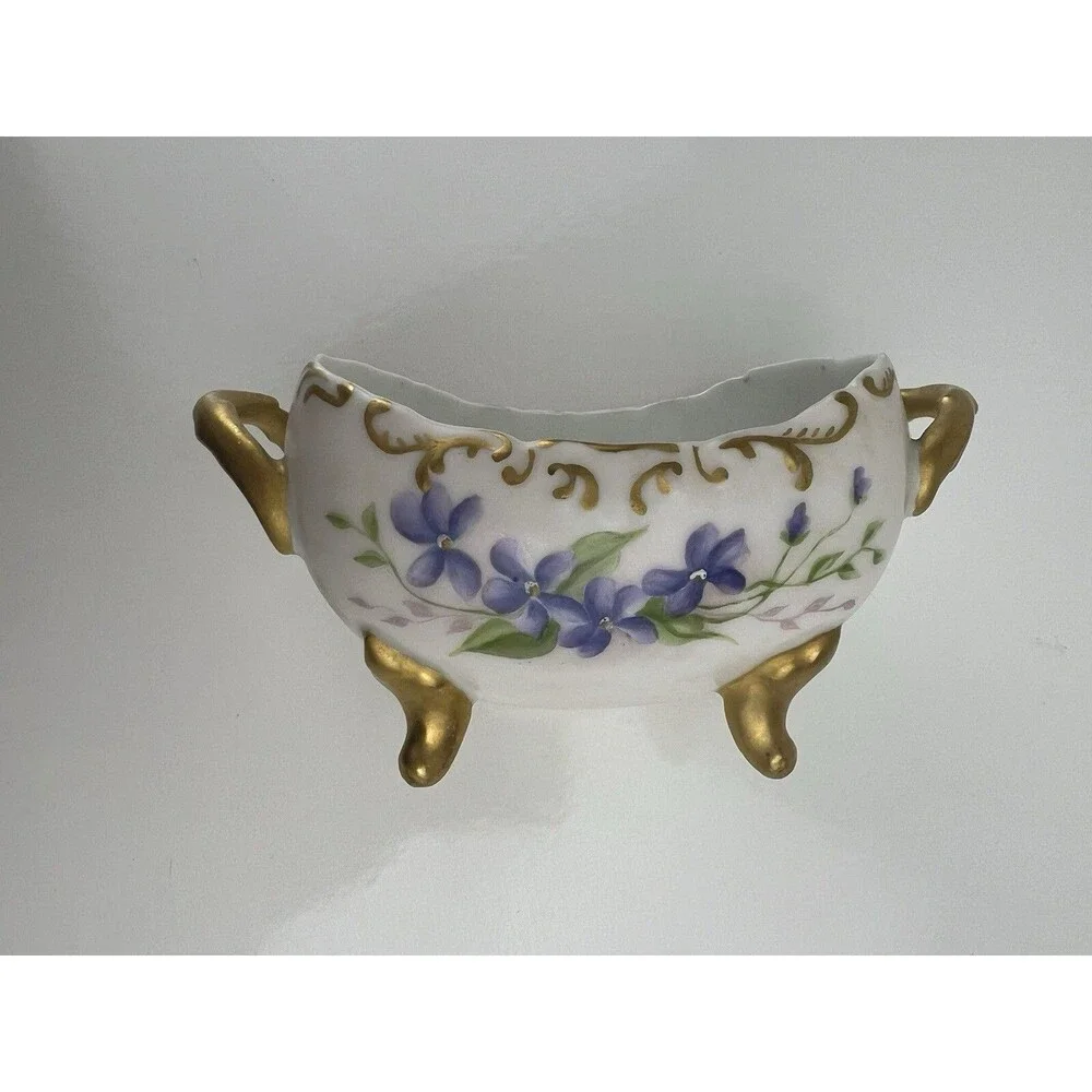 Vintage Porcelain Sugar Bowl Purple Flowers White China Handpainted Marked HW 96